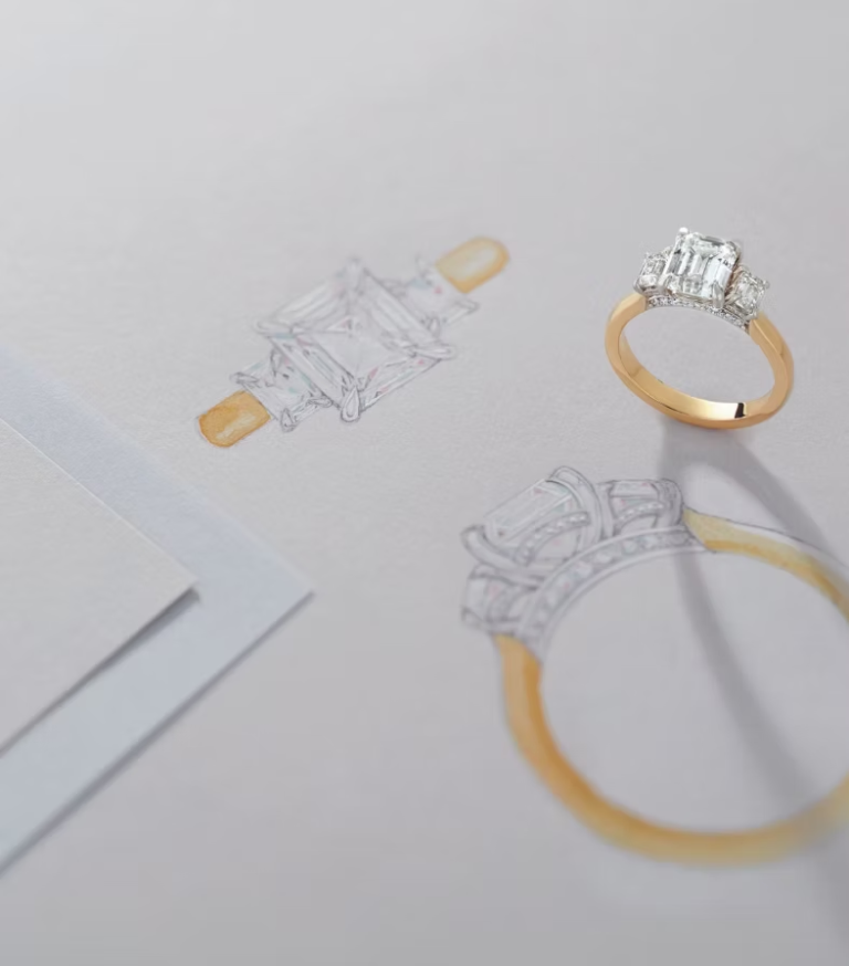 Engagement ring design sketches and drawings with ring sizer tool on white background