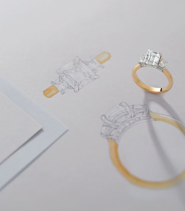 Engagement ring design sketches and drawings with ring sizer tool on white background