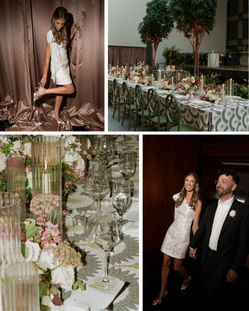 Getting ready moment with bride Cathy sitting in soft lighting as her dress is adjusted