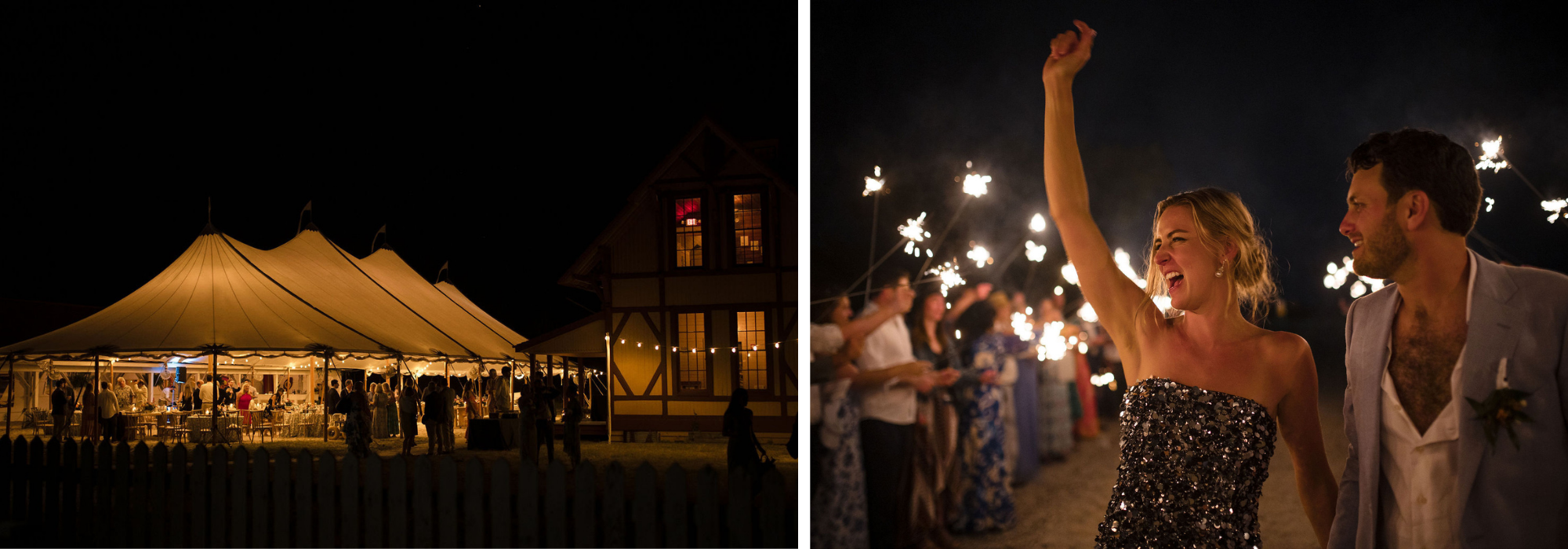 Evening reception beneath a sailcloth tent by the Delaware beach alongside guests celebrating with sparklers after sunset.
