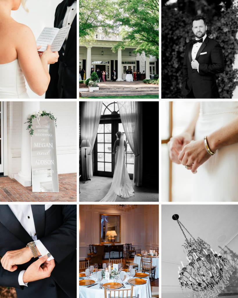 Wedding detail collage featuring invitations, rings, venue architecture, and reception tables from Megan and Addison’s Quail Hollow wedding