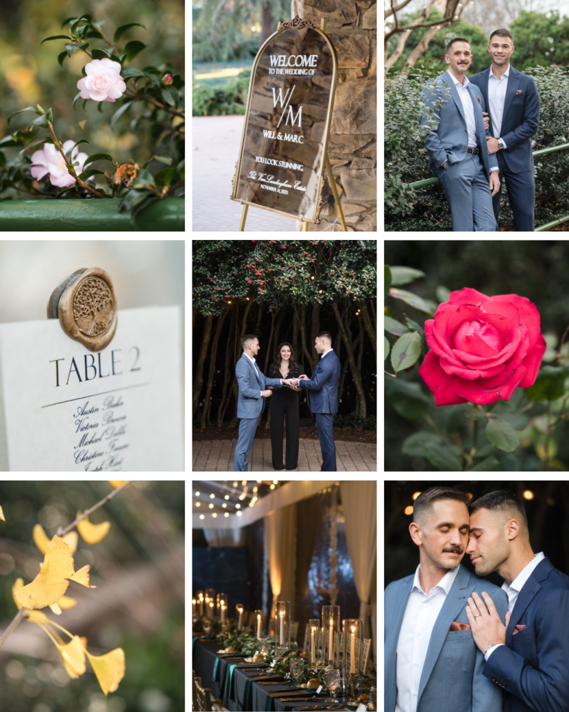 Wedding detail collage featuring florals, signage, rings, table décor, and portraits of two grooms celebrating their wedding.