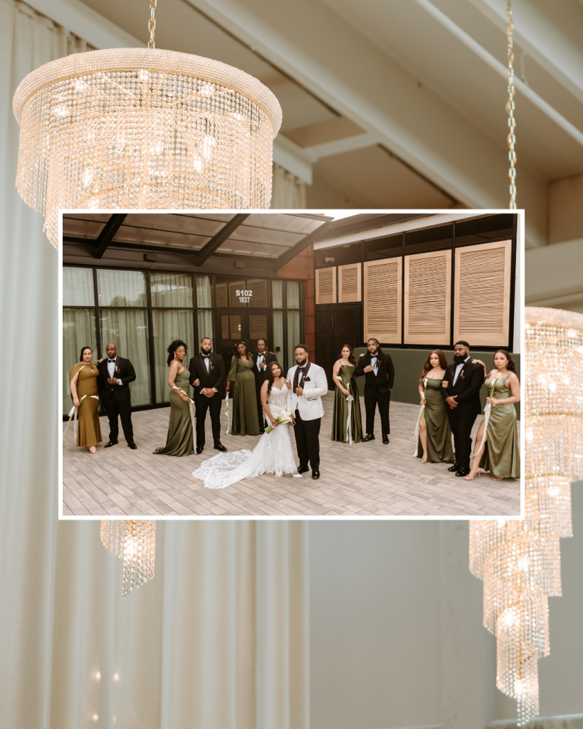 Wedding ceremony moment at The Casey by Beau Monde Venues in Charlotte with chandeliers and guests dressed in black tie attire