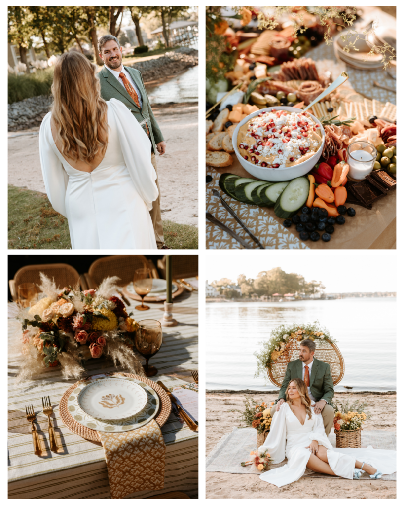 A collage of wedding details including a charcuterie spread, the couple walking together, styled table settings, and lakeside portraits.