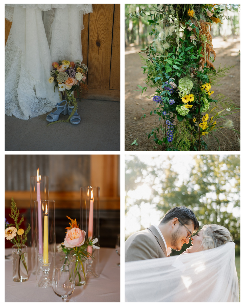 Bride and groom sharing a quiet moment together during their Union Exchange wedding day; Lush cottagecore floral arrangement with greenery and colorful blooms decorating the ceremony space at Union Exchange