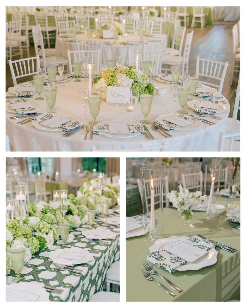Round reception tables with green and white floral centerpieces and place settings inside ballroom at Bayside Resort Golf Club in Selbyville, Delaware.