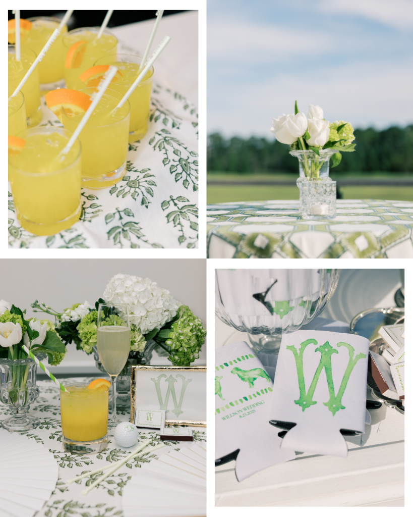Signature cocktails and wedding details displayed with monogram signage during coastal Delaware wedding reception.