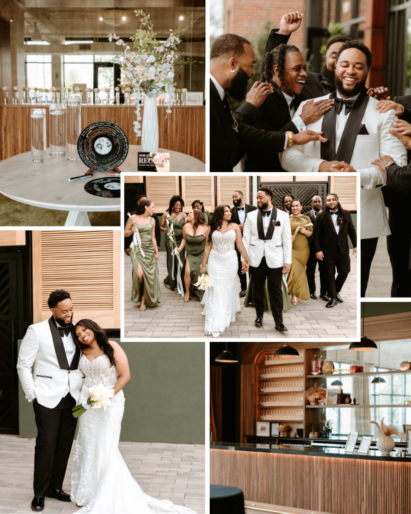 Wedding day collage showing bride and groom portraits and joyful celebration moments from a classic Charlotte wedding at The Casey
