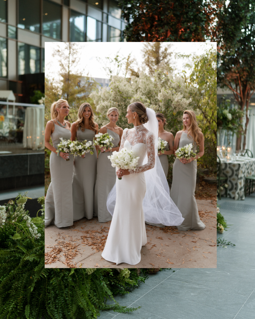 Bride Cathy with bridesmaids holding bouquets outside, surrounded by greenery and natural light