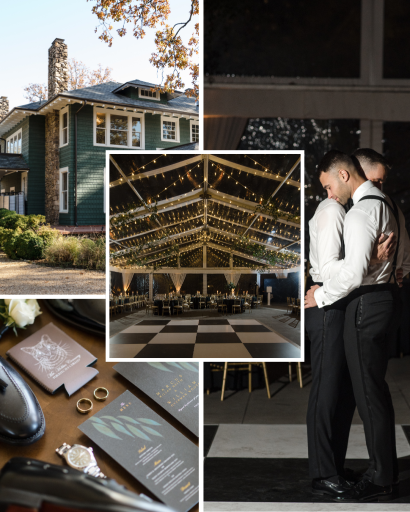 Wedding collage featuring venue exterior, reception tent ceiling lights, invitation suite, and a romantic portrait of two grooms.