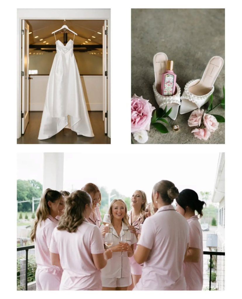 Wedding Day details with dress photo, shoes and perfume details photo, and bride getting ready with bridesmaids in matching pajamas