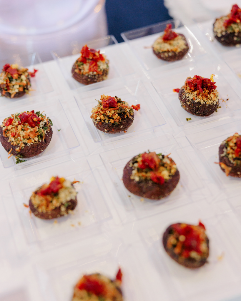 Savory bite-sized hors d’oeuvres by Savora Catering & Events displayed for cocktail hour service at King Cole Farm in Dover, Delaware.