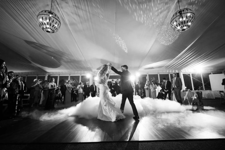 black and white photos of wedding couples first dance with smoke