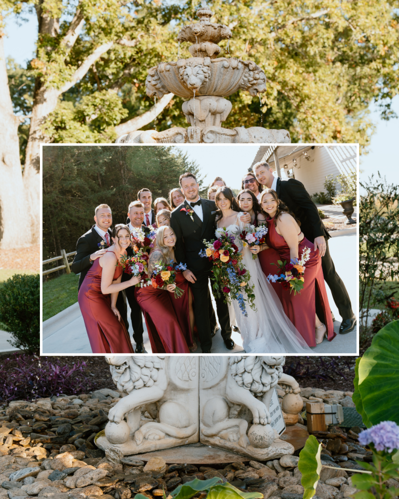 Wedding party gathered around a stone fountain outdoors, celebrating with smiles and bouquets.