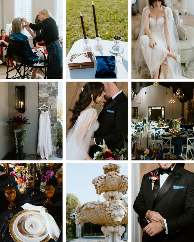 Wedding detail collage featuring invitation suite, rings, bridal gown, groom attire, and reception décor elements.