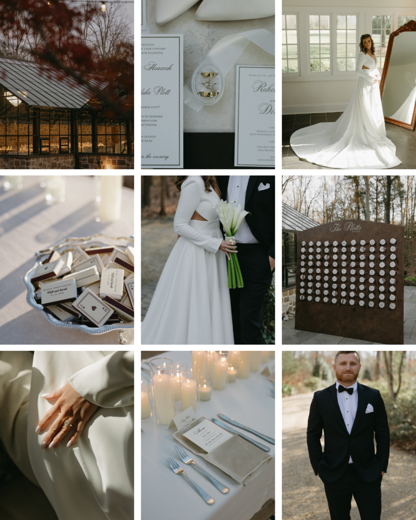 Wedding detail collage featuring bride and groom portraits, venue exterior, bridal gown, and styled reception elements