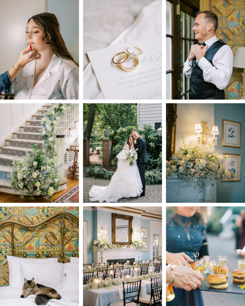 Bridal details collage including getting ready moments, rings, venue spaces and pet at Charlotte wedding