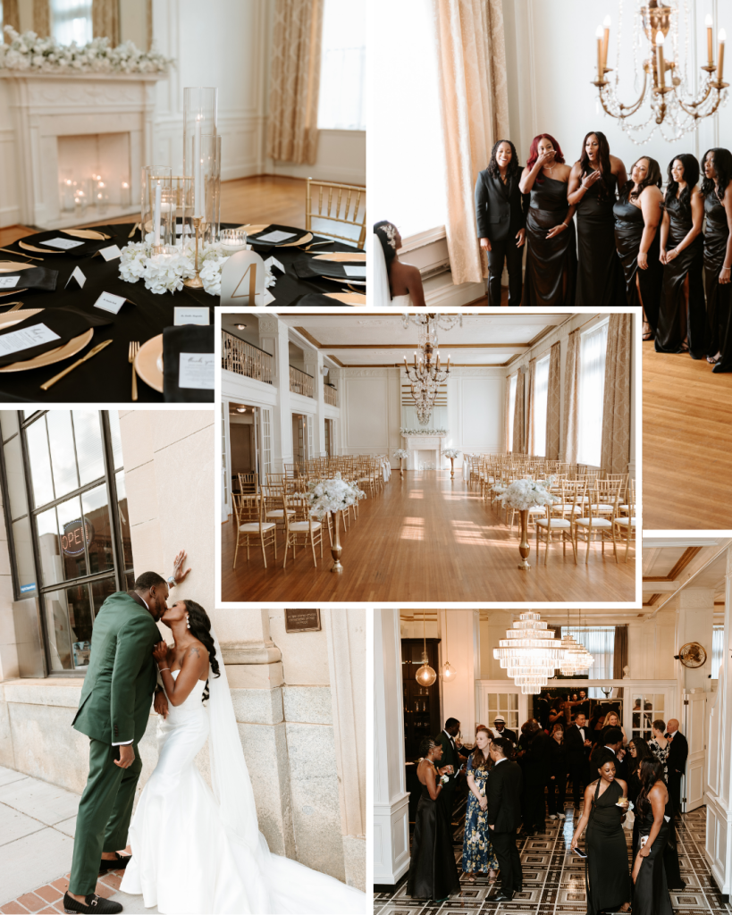 Wedding collage showing ceremony space, reception ballroom, and candid moments throughout the day