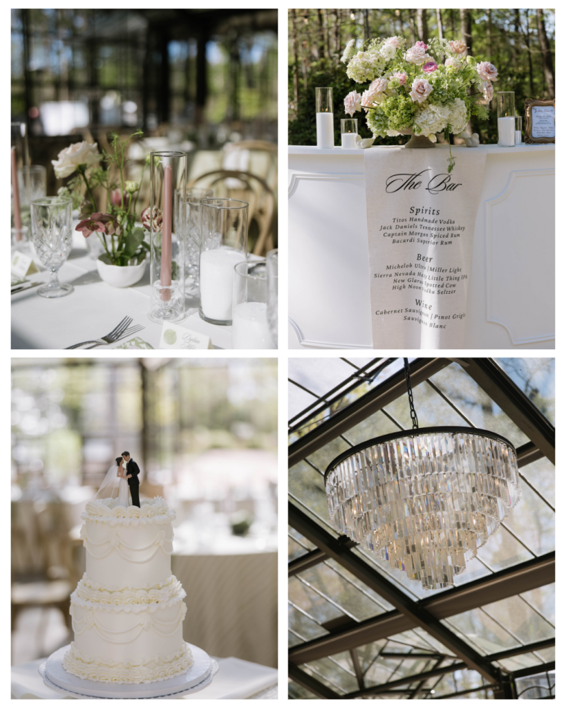 Wedding details collage featuring table settings, stationery, cake, and reception space