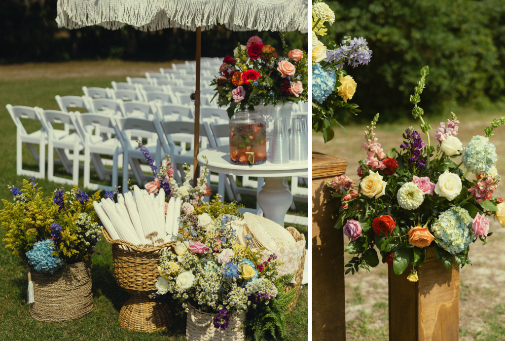 Ceremony program fans and garden florals arranged near white chairs at outdoor Ocean View Delaware wedding
