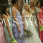 Bride with bridesmaids in colorful dresses outside cottage at coastal Delaware garden wedding in Ocean View