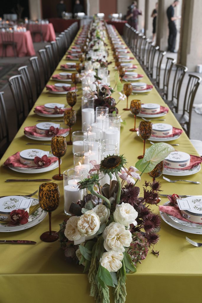 Chartreuse table linens with napkins from Nuage Designs and Zhuzh Rentals. Table rentals from Seated STL.