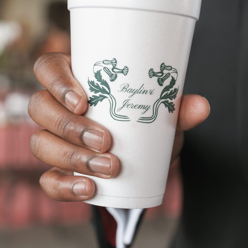 Custom monogramed cups for wedding reception by Fête Society.