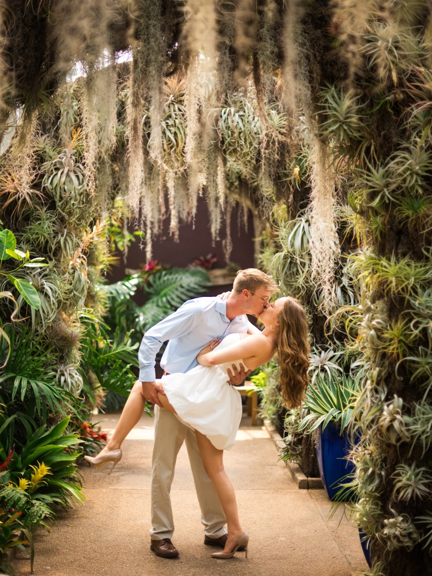groom dipping his bride with spanish moss trees surrounding them