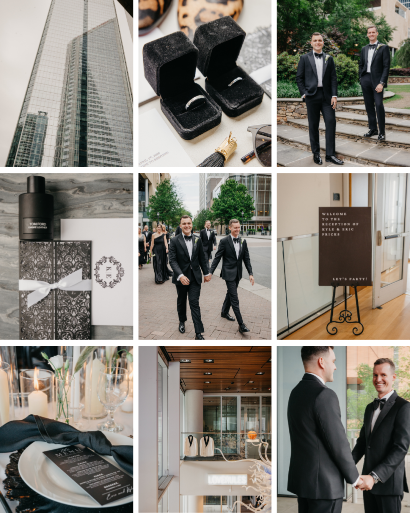 Wedding gallery collage featuring wedding details, portraits, invitations, venue spaces, and ceremony moments from a Mint Museum wedding in Charlotte.