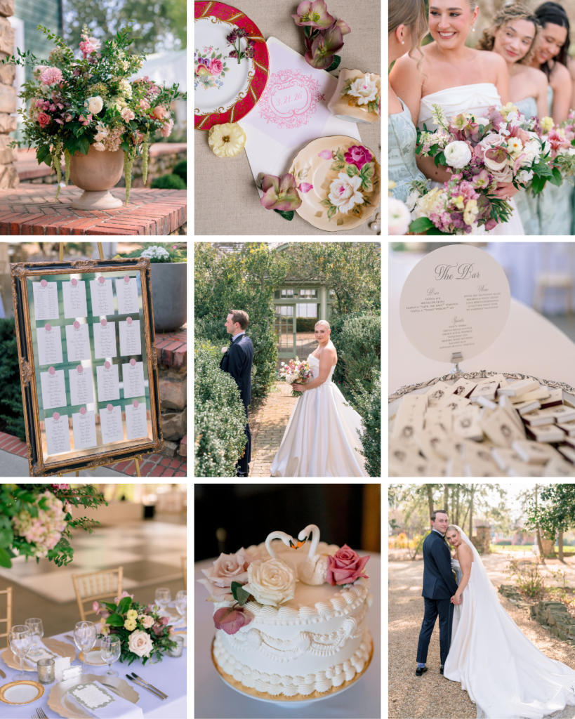 Wedding detail collage featuring floral arrangements, invitation styling, seating chart, wedding cake, and romantic bride and groom portraits.
