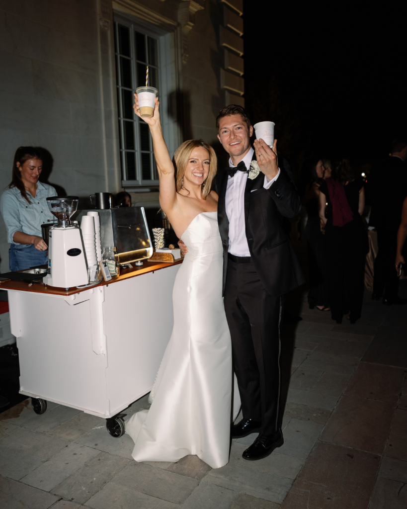 bride and groom cheering with signature coffee bar late night snacks