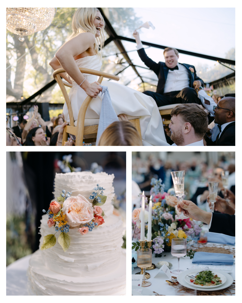 trio pic of the horah dance, wedding cake and dinner being served