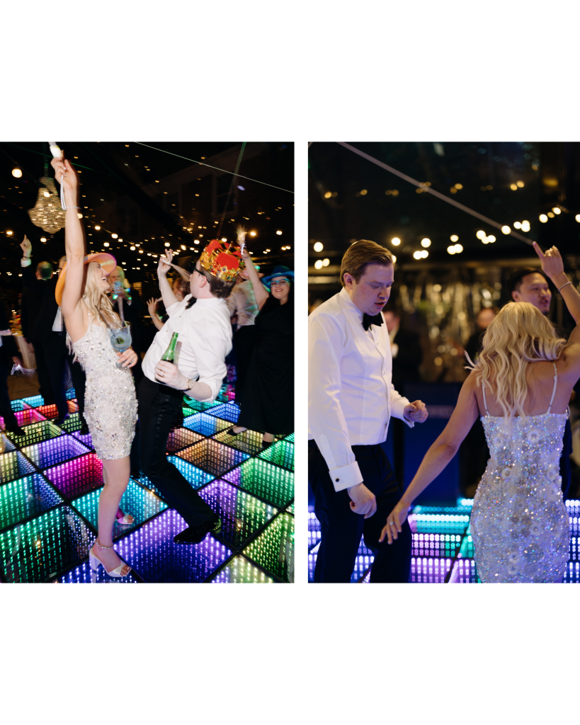 busy and exciting dance floor with lights and bride and groom having fun