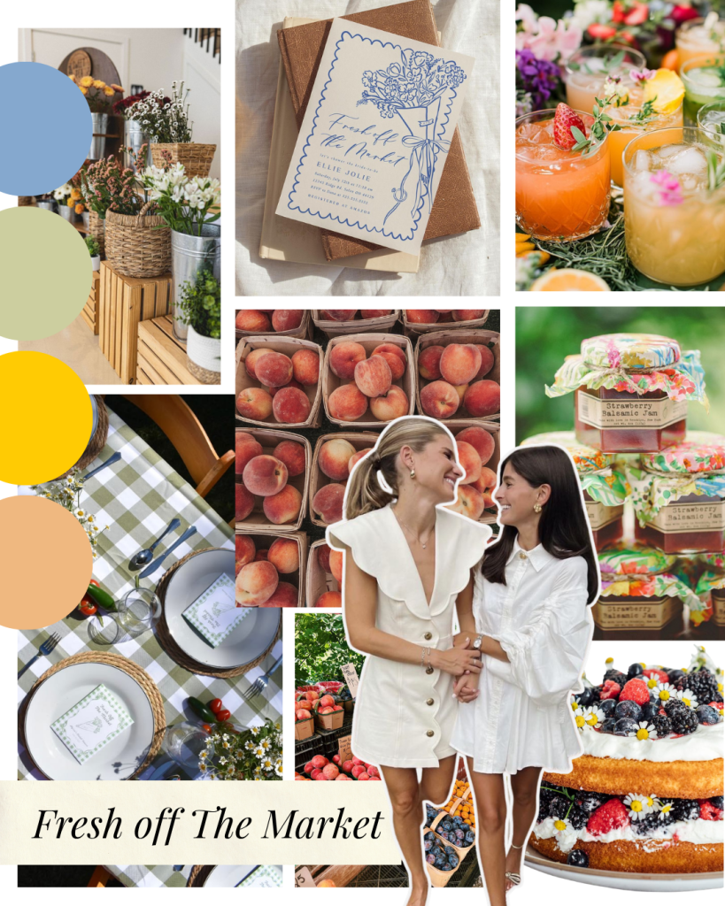 fresh off the market theme wedding shower bridal shower with farmers market vibes with gingham notes and lots of fresh foods