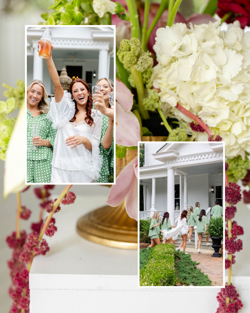 Bride celebrating with bridesmaids in matching green pajamas surrounded by colorful florals before her Charlotte wedding at The Grande Victorian.