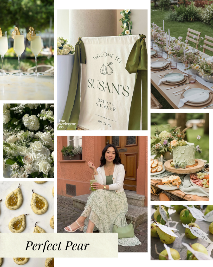 perfect pear wedding shower bridal shower theme with lots of fruity notes and light pale green and neutral tones