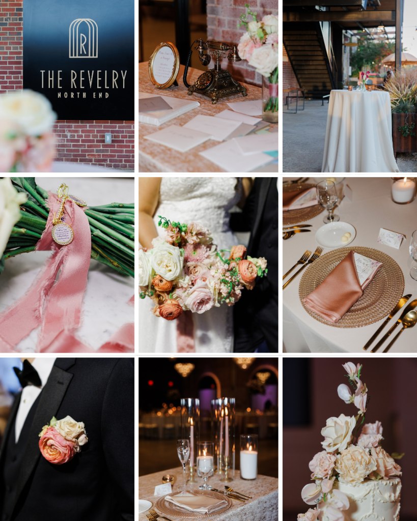 Romantic wedding reception details at The Revelry at Camp North End including floral bouquet, candlelit tablescape, wedding cake, and elegant blush decor.