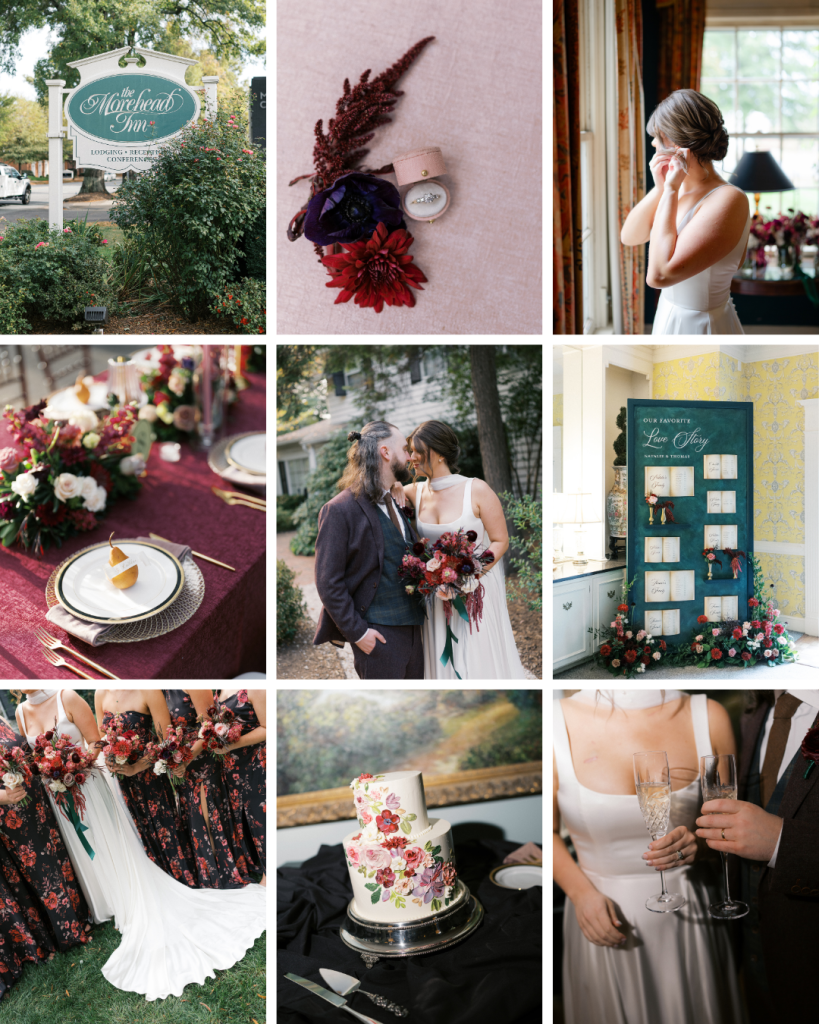 Wedding detail collage featuring The Morehead Inn, bridal accessories, reception decor, floral installations, and romantic couple portraits from a Charlotte wedding.