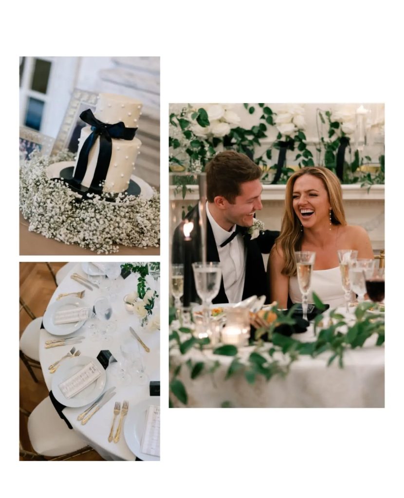 bride and groom laughing at wedding reception sweetheart table with detail tablescape and wedding cake