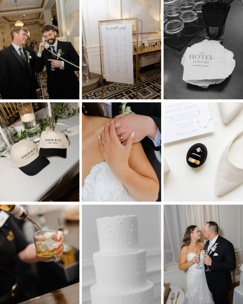 Personalized wedding details including custom Simon & Co. hats, wedding invitations, rings, and reception décor at modern Concord NC wedding.