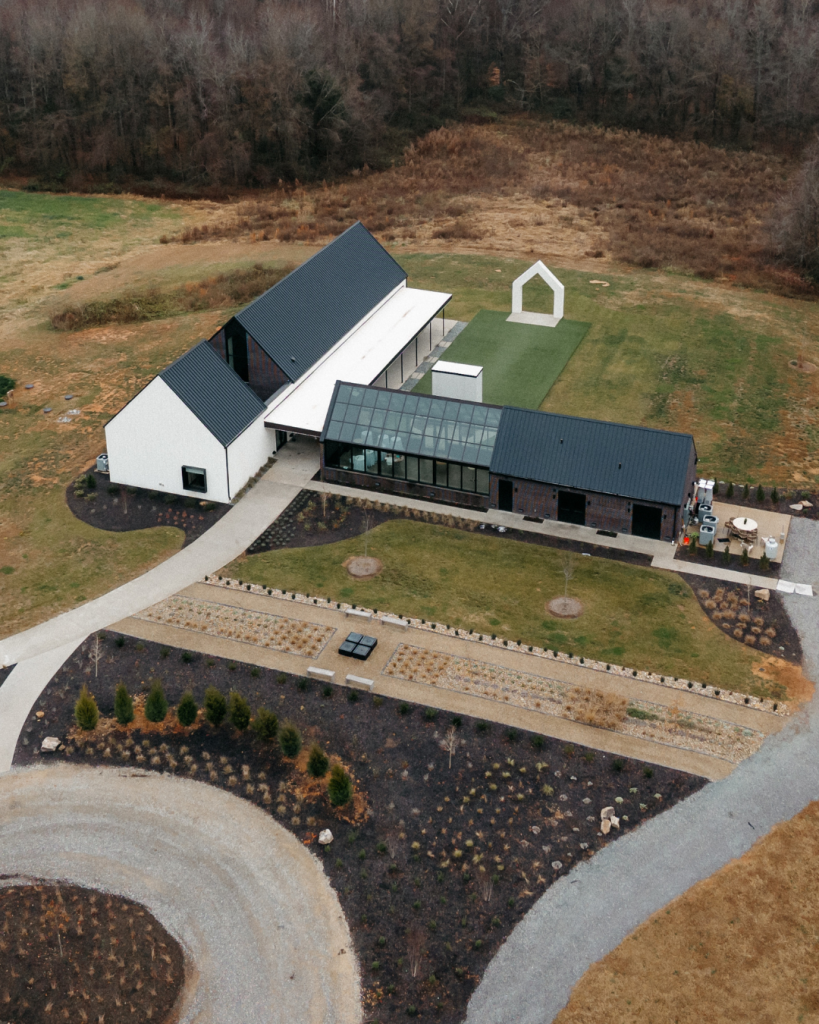 Aerial view of The Lumen House wedding venue in Cleveland North Carolina