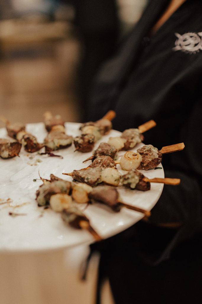 Passed steak and onion skewers served during cocktail hour at a wedding reception at Bayside Resort Golf Club in Selbyville, Delaware.