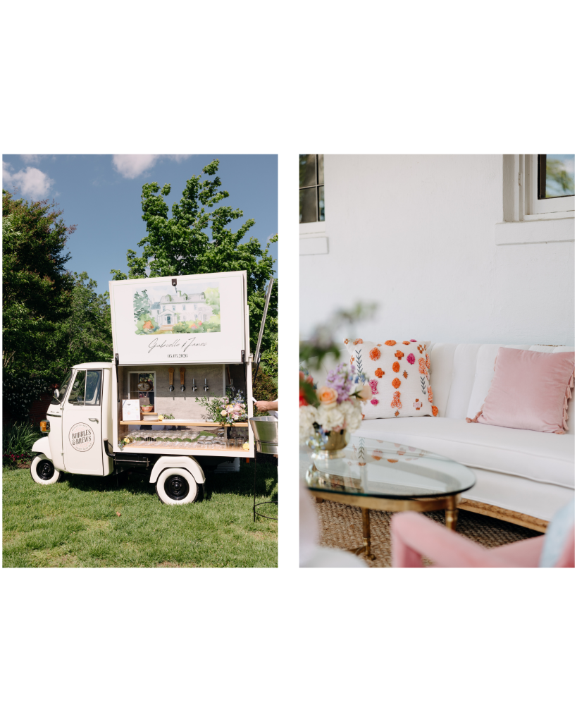 duel photo picturing mobile bar truck and seating area for wedding guests