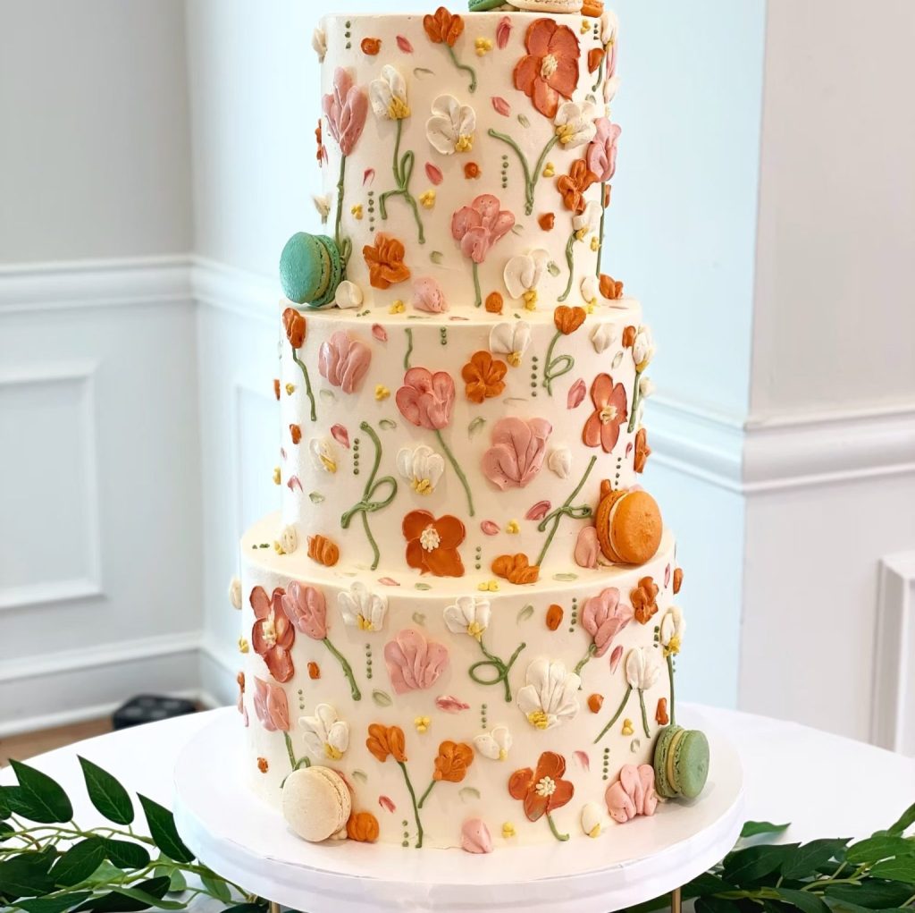 three tiered cake with pastel watercolor floral details