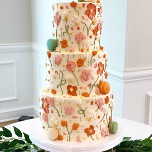 three tiered cake with pastel watercolor floral details