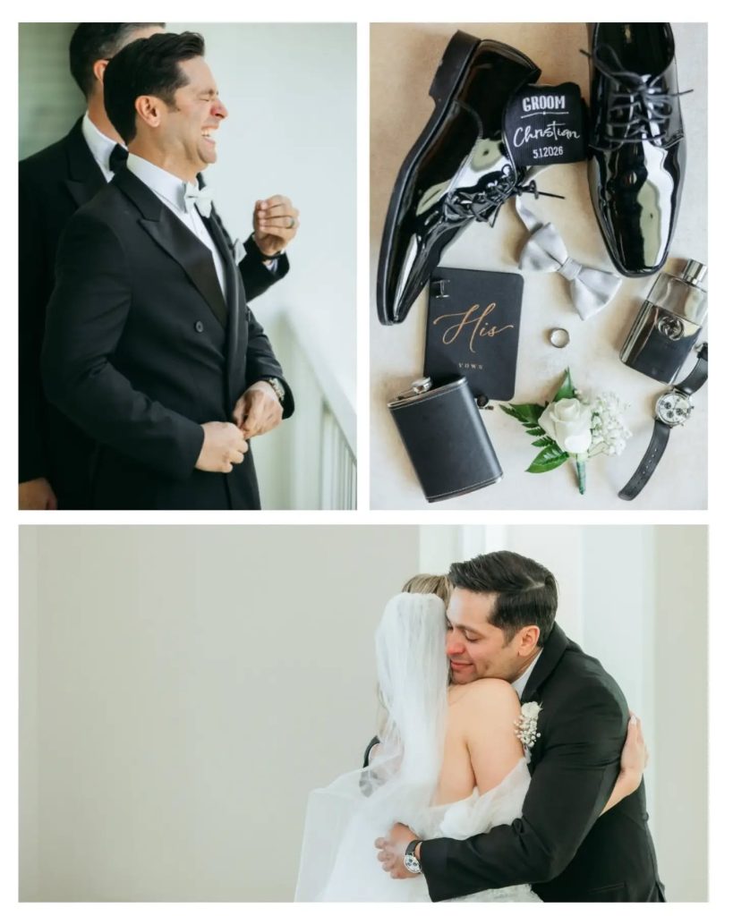 groom getting ready portrait with groom accessories and first look hug between bride and groom before wedding ceremony
