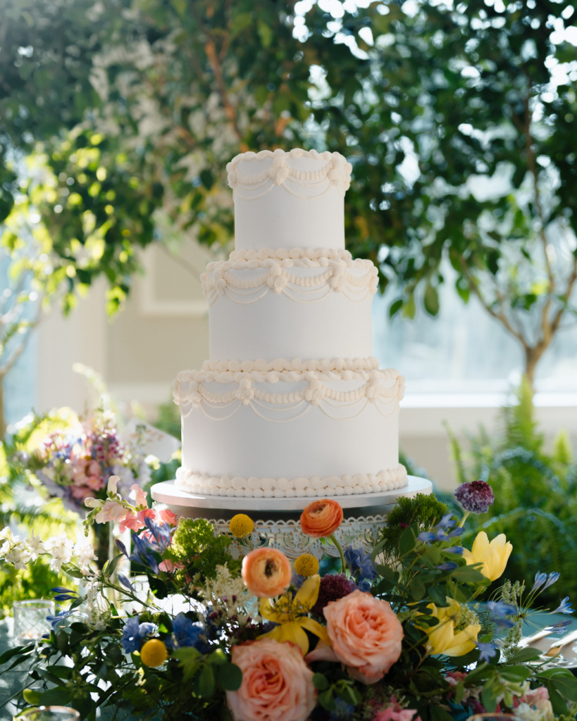 three tier white wedding cake