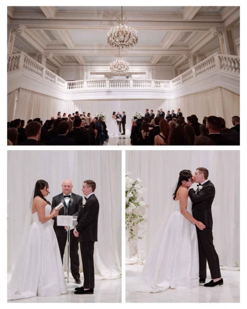 wedding ceremony trio-pic with bride and groom holding hands and wedding ceremony and first kiss