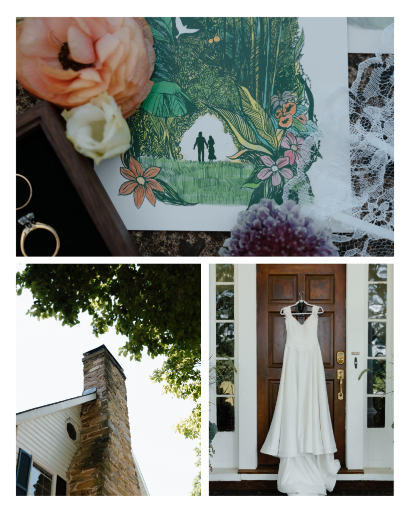 getting ready photos of wedding invitations, wedding dress hanging on door, and wedding venue