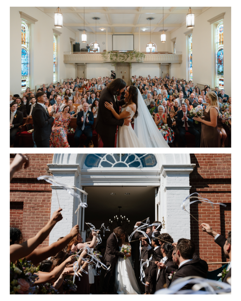 wedding ceremony at church with bride and groom kissing in front and guests cheering, bride and groom walking out of church with people cheering